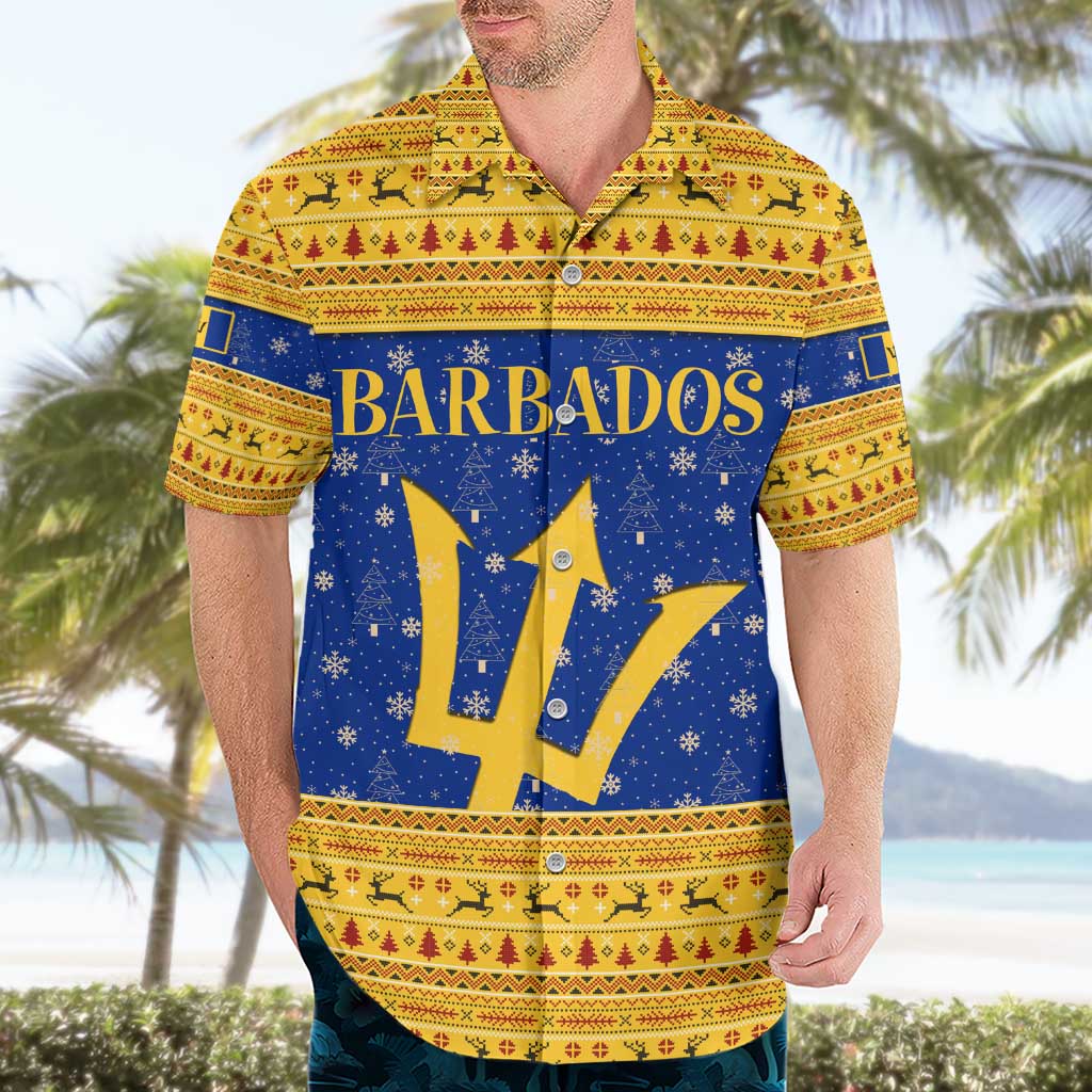Barbados Christmas Hawaiian Shirt with Blue Yellow Xmas Trident Santa and Reindeer - Wonder Print Shop