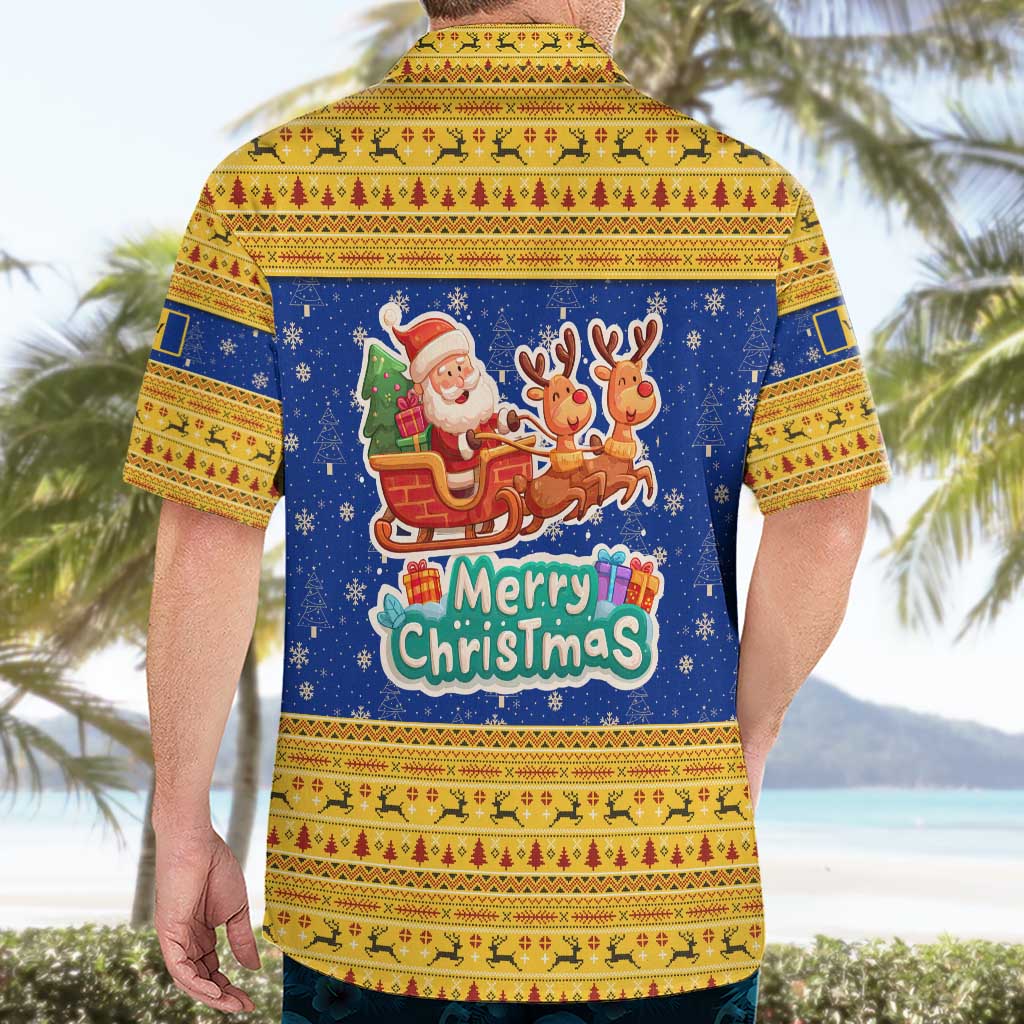 Barbados Christmas Hawaiian Shirt with Blue Yellow Xmas Trident Santa and Reindeer - Wonder Print Shop