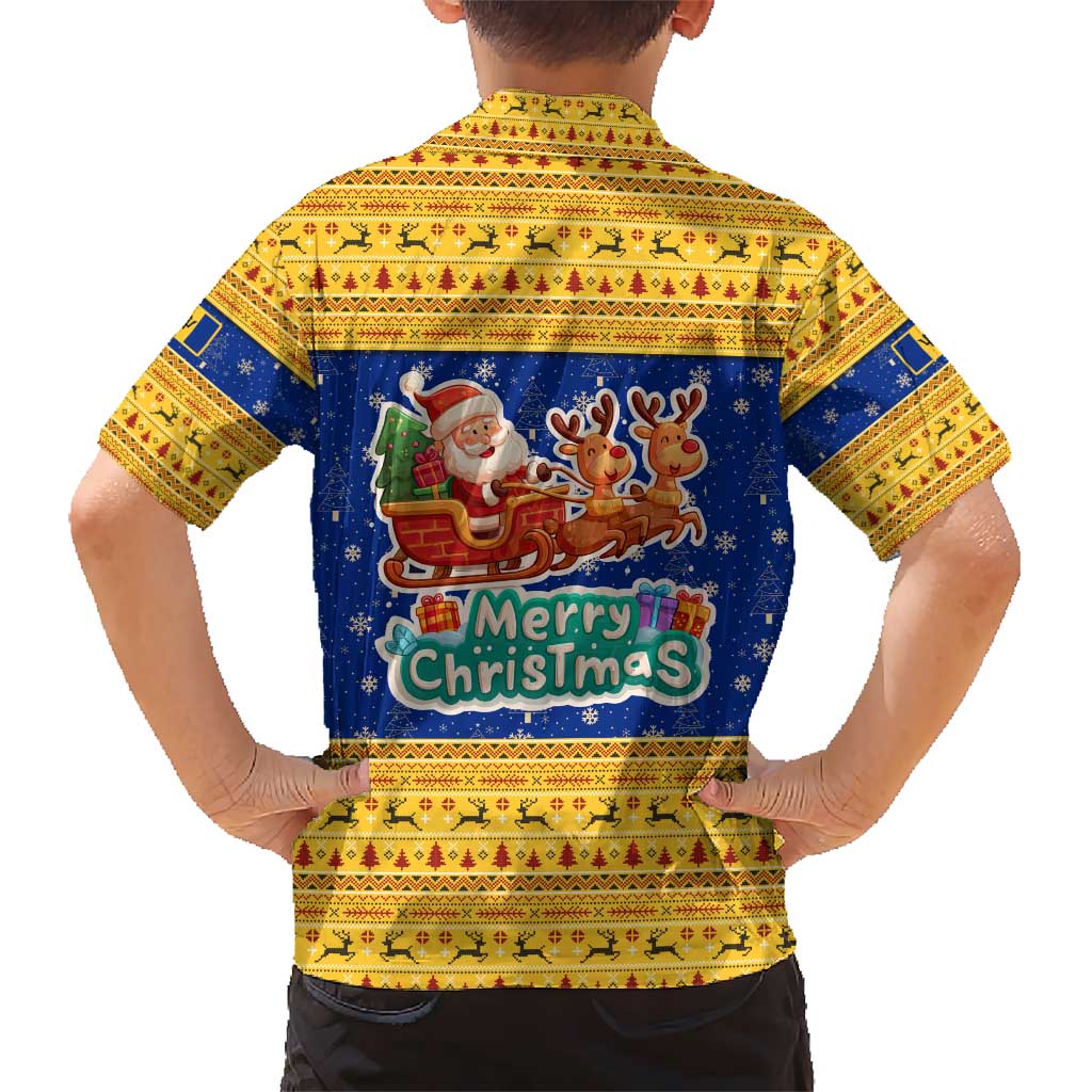 Barbados Christmas Hawaiian Shirt with Blue Yellow Xmas Trident Santa and Reindeer - Wonder Print Shop
