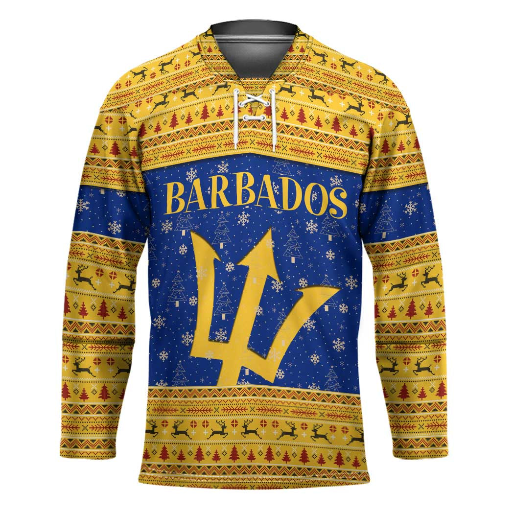 Barbados Christmas Hockey Jersey with Blue Yellow Xmas Trident Santa and Reindeer - Wonder Print Shop