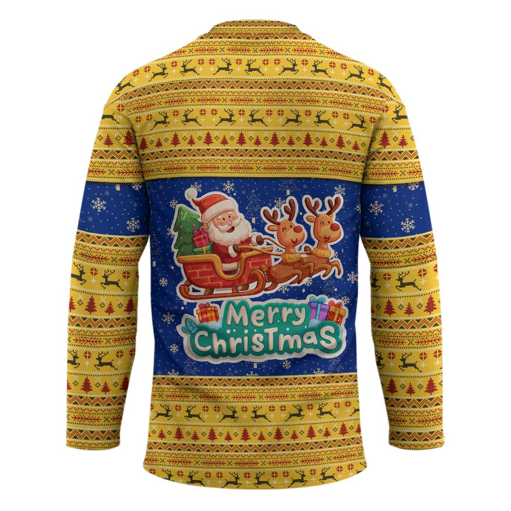 Barbados Christmas Hockey Jersey with Blue Yellow Xmas Trident Santa and Reindeer - Wonder Print Shop
