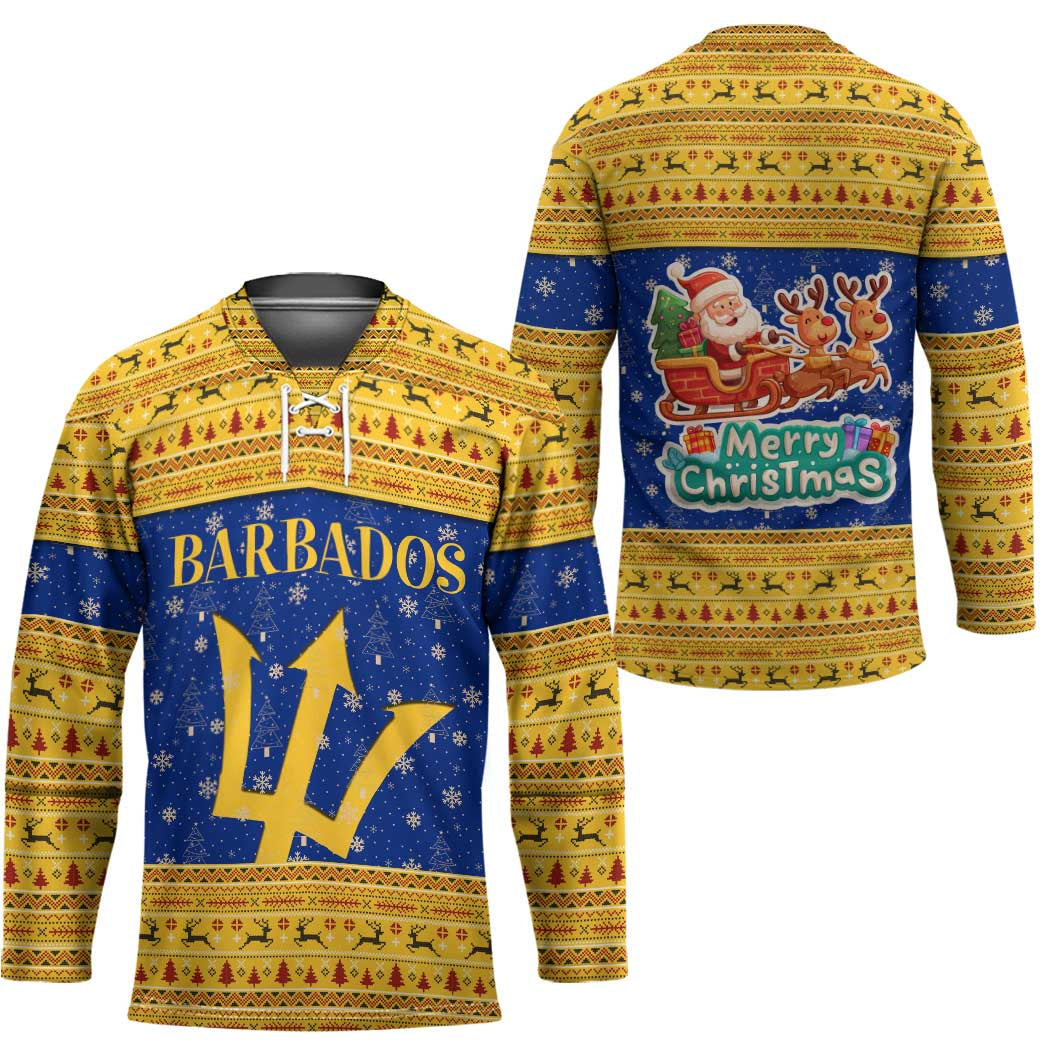 Barbados Christmas Hockey Jersey with Blue Yellow Xmas Trident Santa and Reindeer - Wonder Print Shop