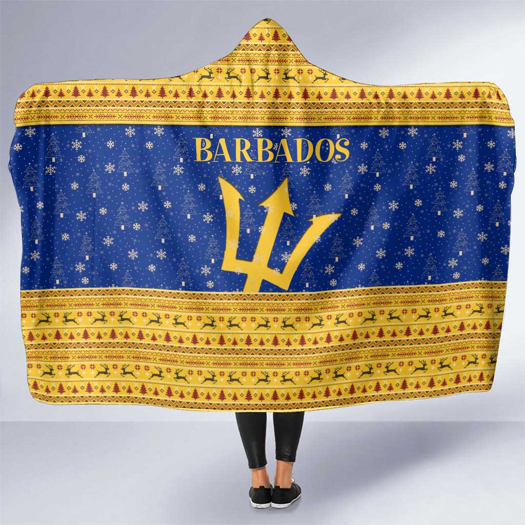 Barbados Christmas Hooded Blanket with Blue Yellow Xmas Trident Santa and Reindeer - Wonder Print Shop