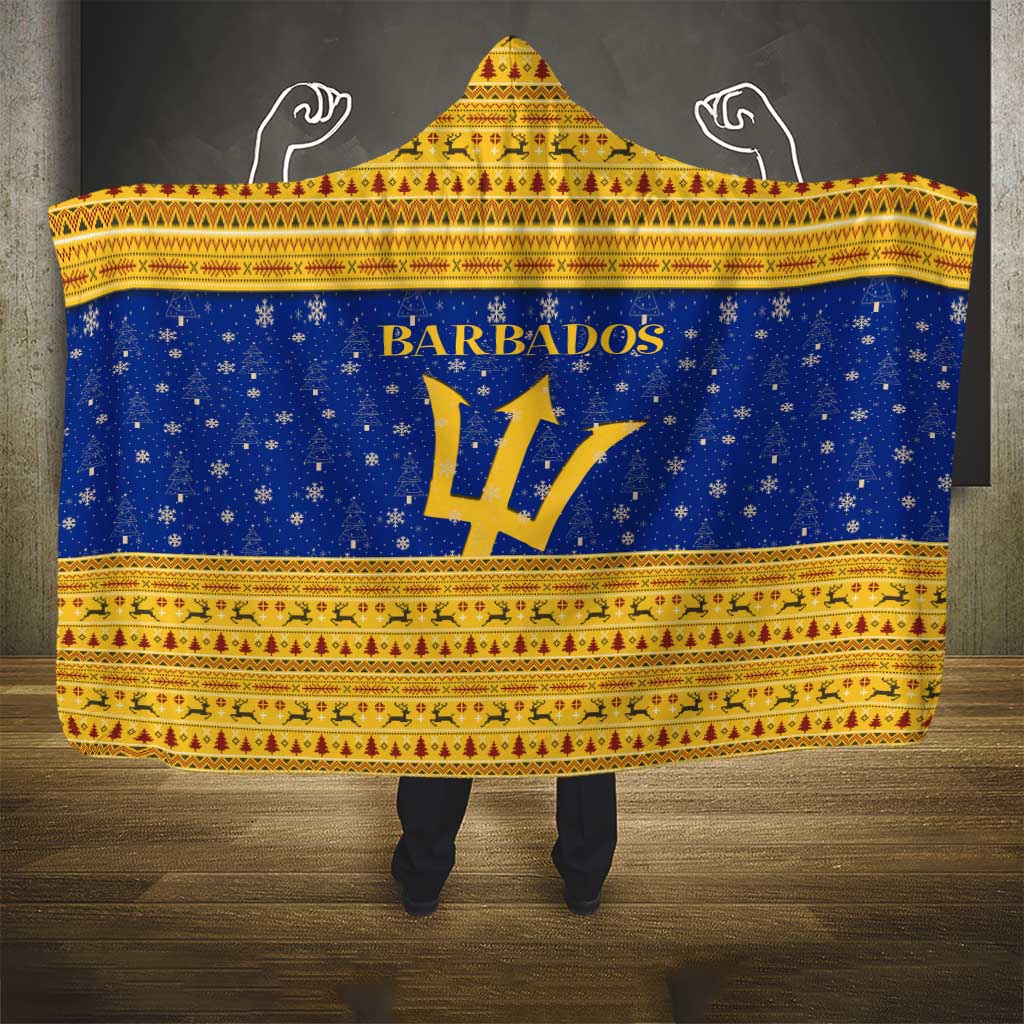 Barbados Christmas Hooded Blanket with Blue Yellow Xmas Trident Santa and Reindeer - Wonder Print Shop