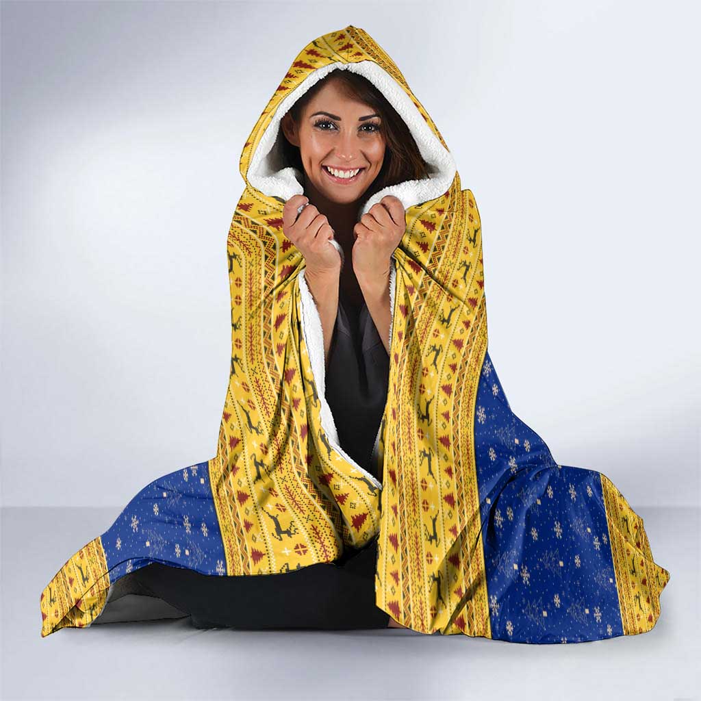 Barbados Christmas Hooded Blanket with Blue Yellow Xmas Trident Santa and Reindeer - Wonder Print Shop