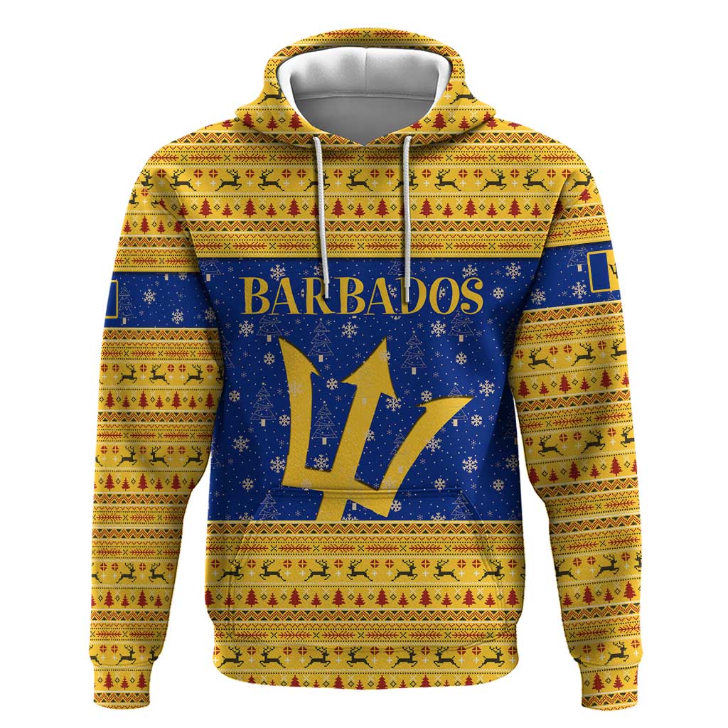 Barbados Christmas Hoodie with Blue Yellow Xmas Trident Santa and Reindeer - Wonder Print Shop