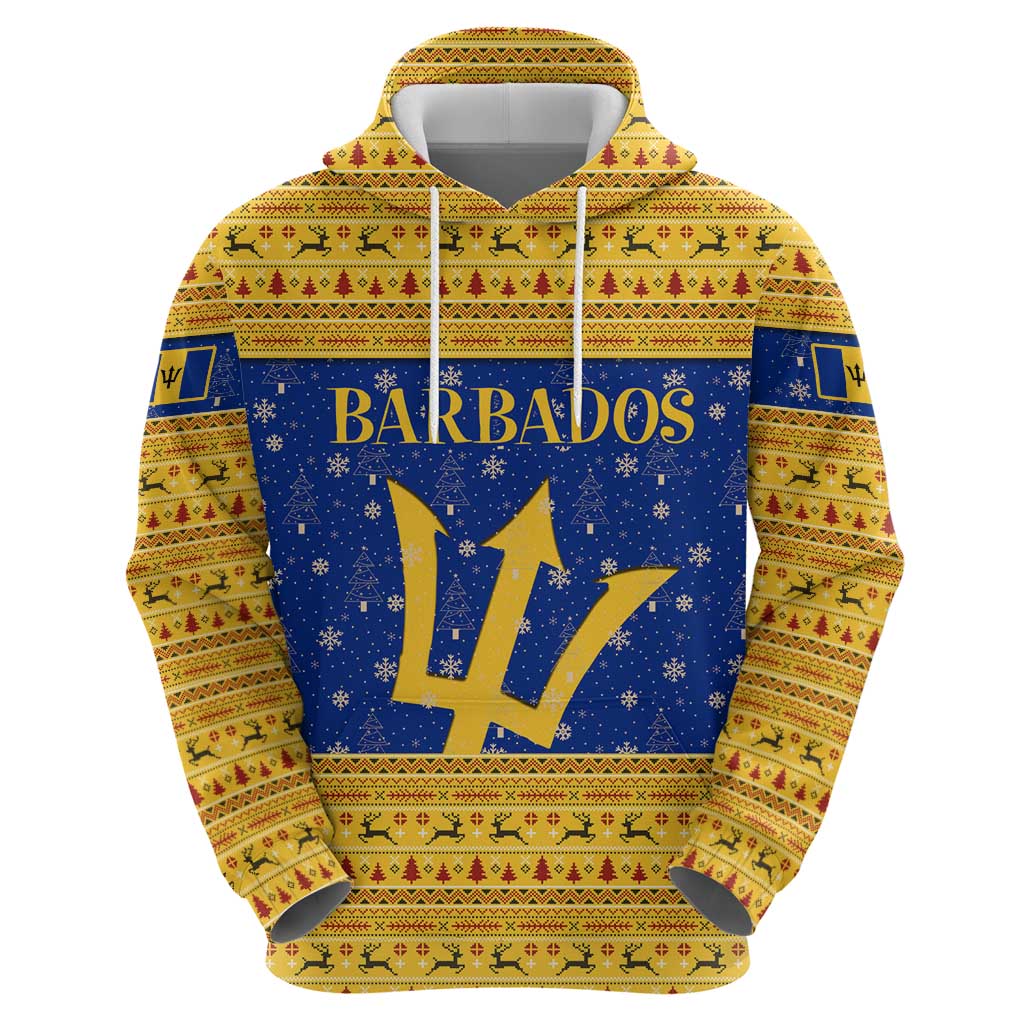 Barbados Christmas Hoodie with Blue Yellow Xmas Trident Santa and Reindeer - Wonder Print Shop