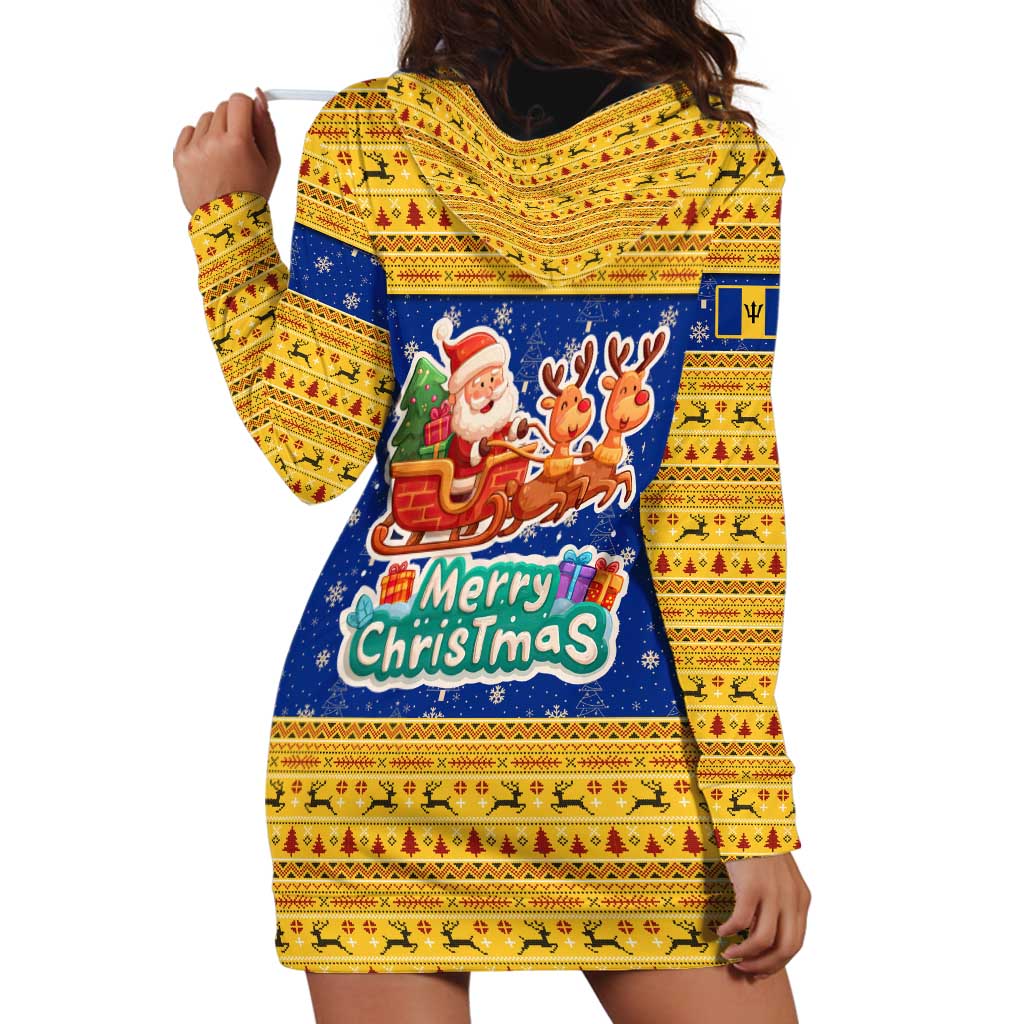 Barbados Christmas Hoodie Dress with Blue Yellow Xmas Trident Santa and Reindeer - Wonder Print Shop