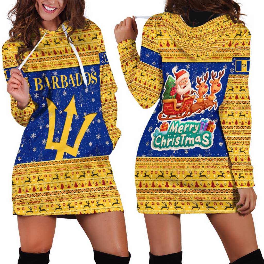 Barbados Christmas Hoodie Dress with Blue Yellow Xmas Trident Santa and Reindeer - Wonder Print Shop