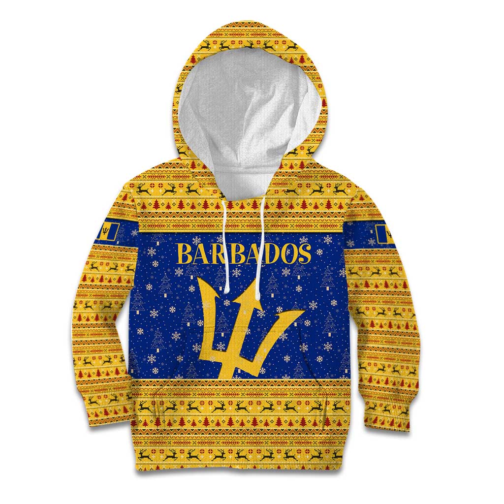 Barbados Christmas Kid Hoodie with Blue Yellow Xmas Trident Santa and Reindeer - Wonder Print Shop