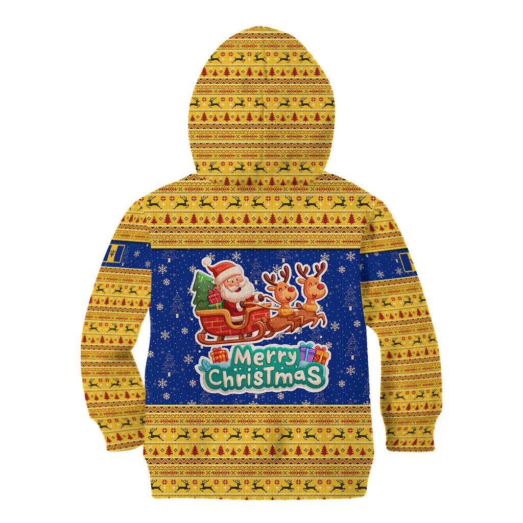 Barbados Christmas Kid Hoodie with Blue Yellow Xmas Trident Santa and Reindeer - Wonder Print Shop