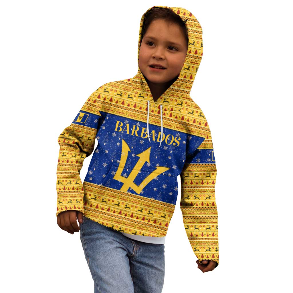 Barbados Christmas Kid Hoodie with Blue Yellow Xmas Trident Santa and Reindeer - Wonder Print Shop
