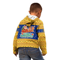 Barbados Christmas Kid Hoodie with Blue Yellow Xmas Trident Santa and Reindeer - Wonder Print Shop