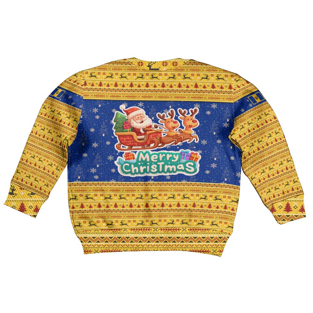 Barbados Christmas Kid Ugly Christmas Sweater with Blue Yellow Xmas Trident Santa and Reindeer - Wonder Print Shop