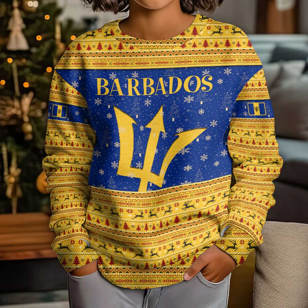 Barbados Christmas Kid Ugly Christmas Sweater with Blue Yellow Xmas Trident Santa and Reindeer - Wonder Print Shop