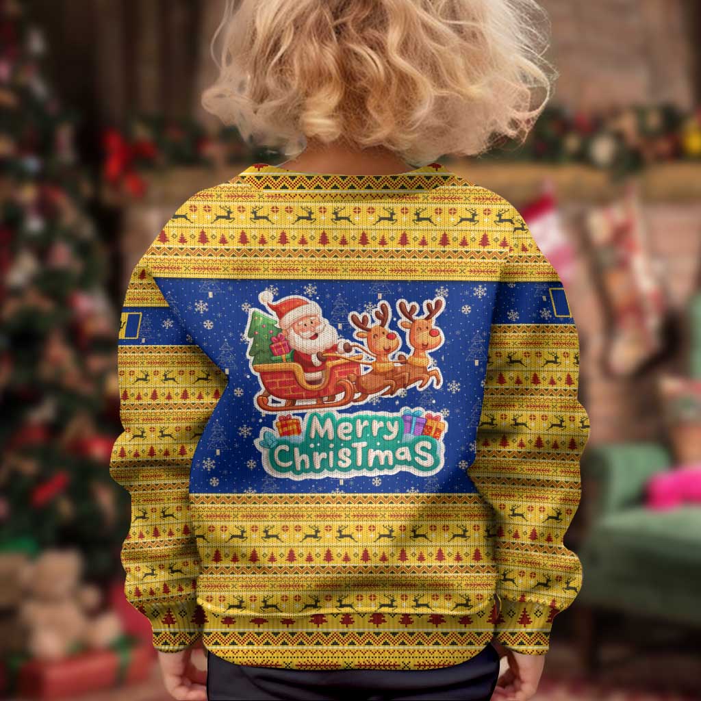 Barbados Christmas Kid Ugly Christmas Sweater with Blue Yellow Xmas Trident Santa and Reindeer - Wonder Print Shop