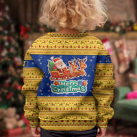 Barbados Christmas Kid Ugly Christmas Sweater with Blue Yellow Xmas Trident Santa and Reindeer - Wonder Print Shop