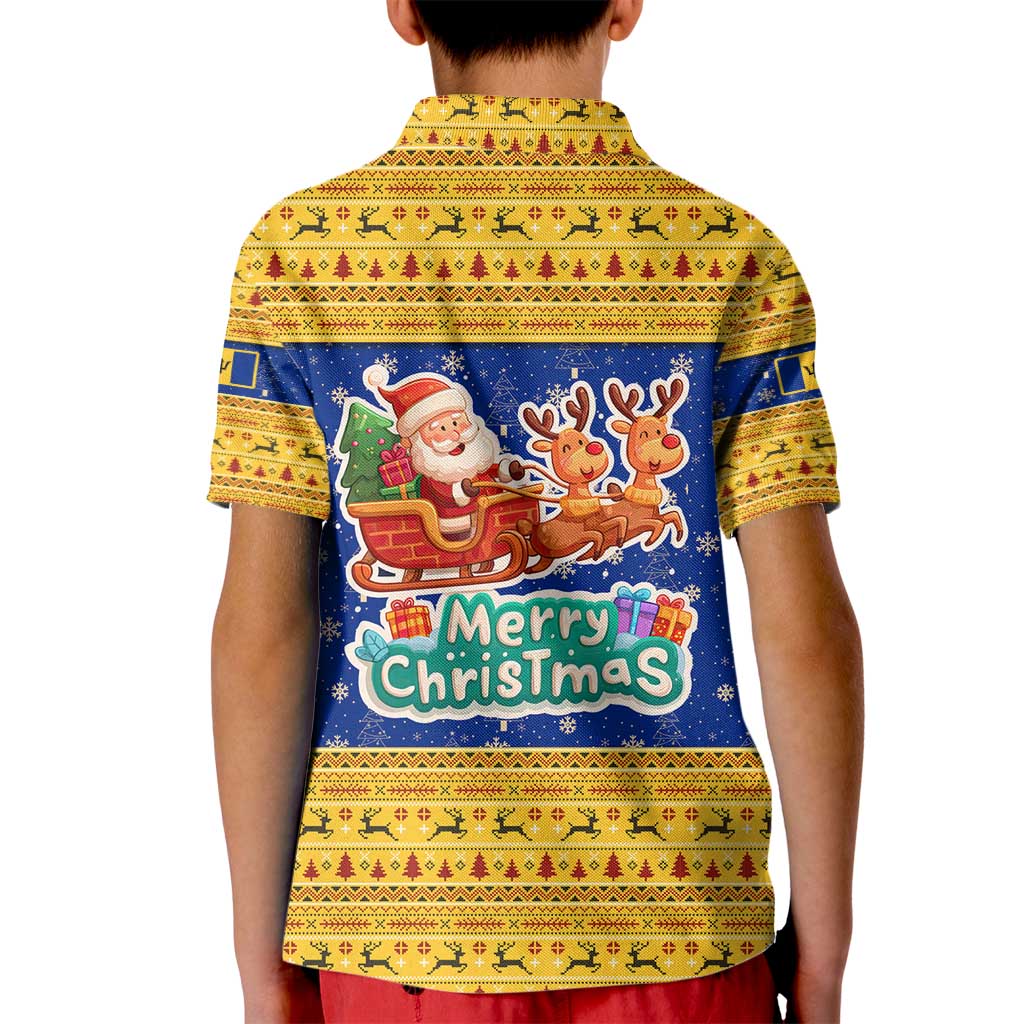 Barbados Christmas Kid Polo Shirt with Blue Yellow Xmas Trident Santa and Reindeer - Wonder Print Shop