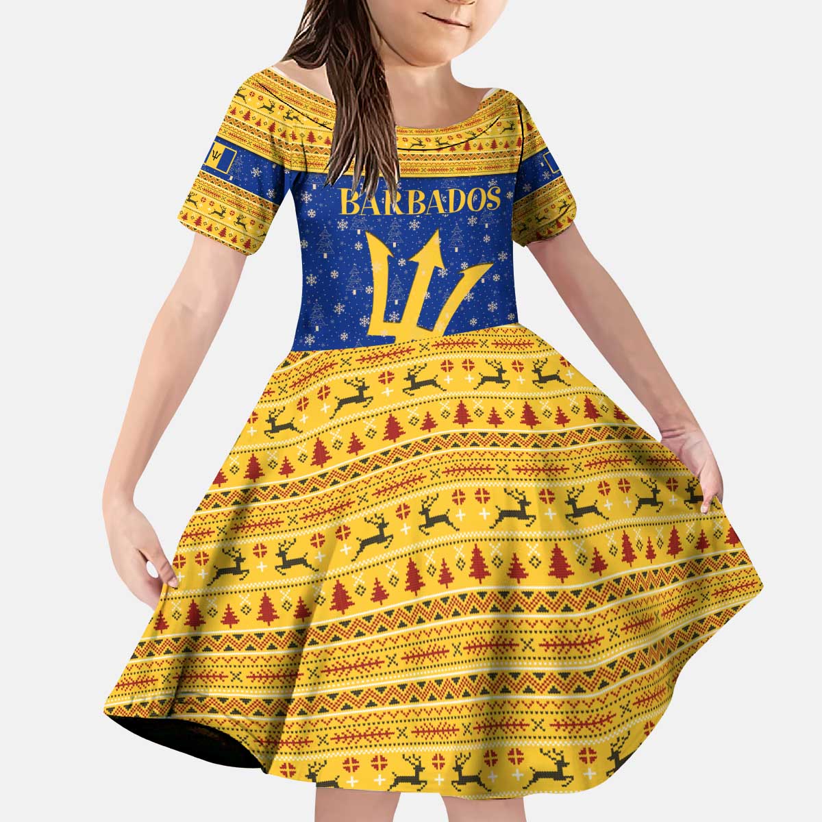 Barbados Christmas Kid Short Sleeve Dress with Blue Yellow Xmas Trident Santa and Reindeer - Wonder Print Shop
