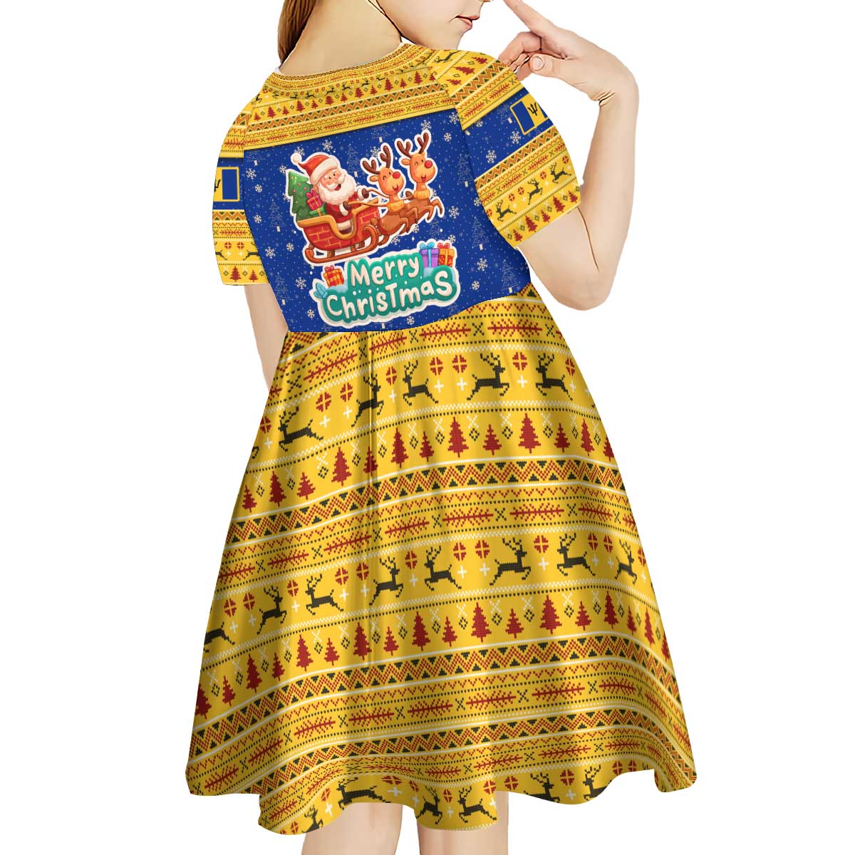 Barbados Christmas Kid Short Sleeve Dress with Blue Yellow Xmas Trident Santa and Reindeer - Wonder Print Shop