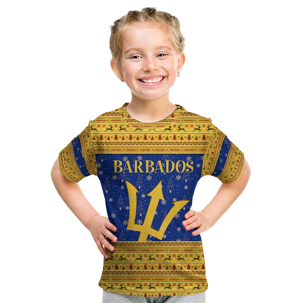 Barbados Christmas Kid T Shirt with Blue Yellow Xmas Trident Santa and Reindeer - Wonder Print Shop