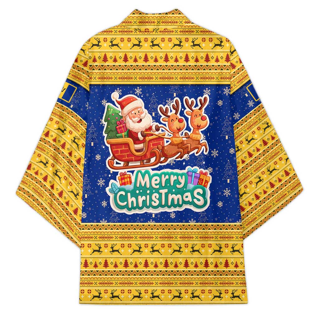 Barbados Christmas Kimono with Blue Yellow Xmas Trident Santa and Reindeer - Wonder Print Shop