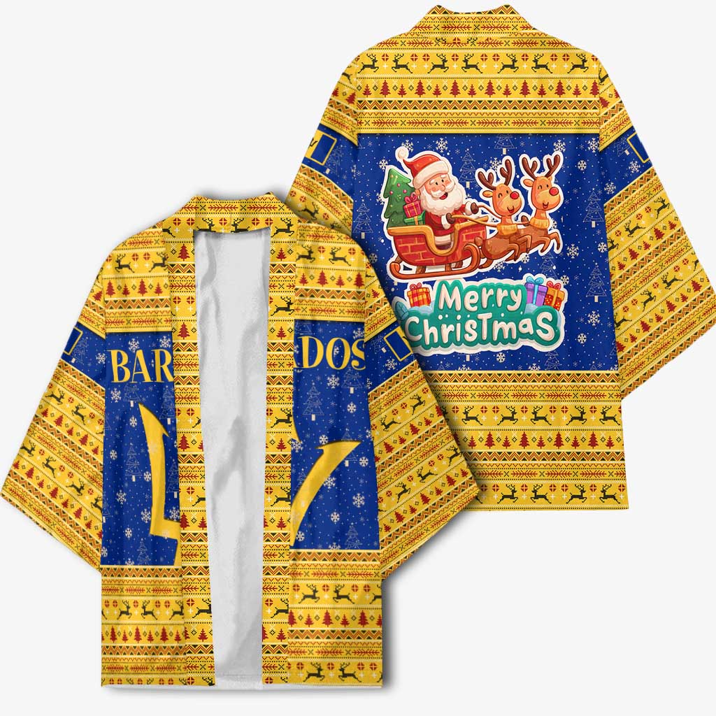Barbados Christmas Kimono with Blue Yellow Xmas Trident Santa and Reindeer - Wonder Print Shop