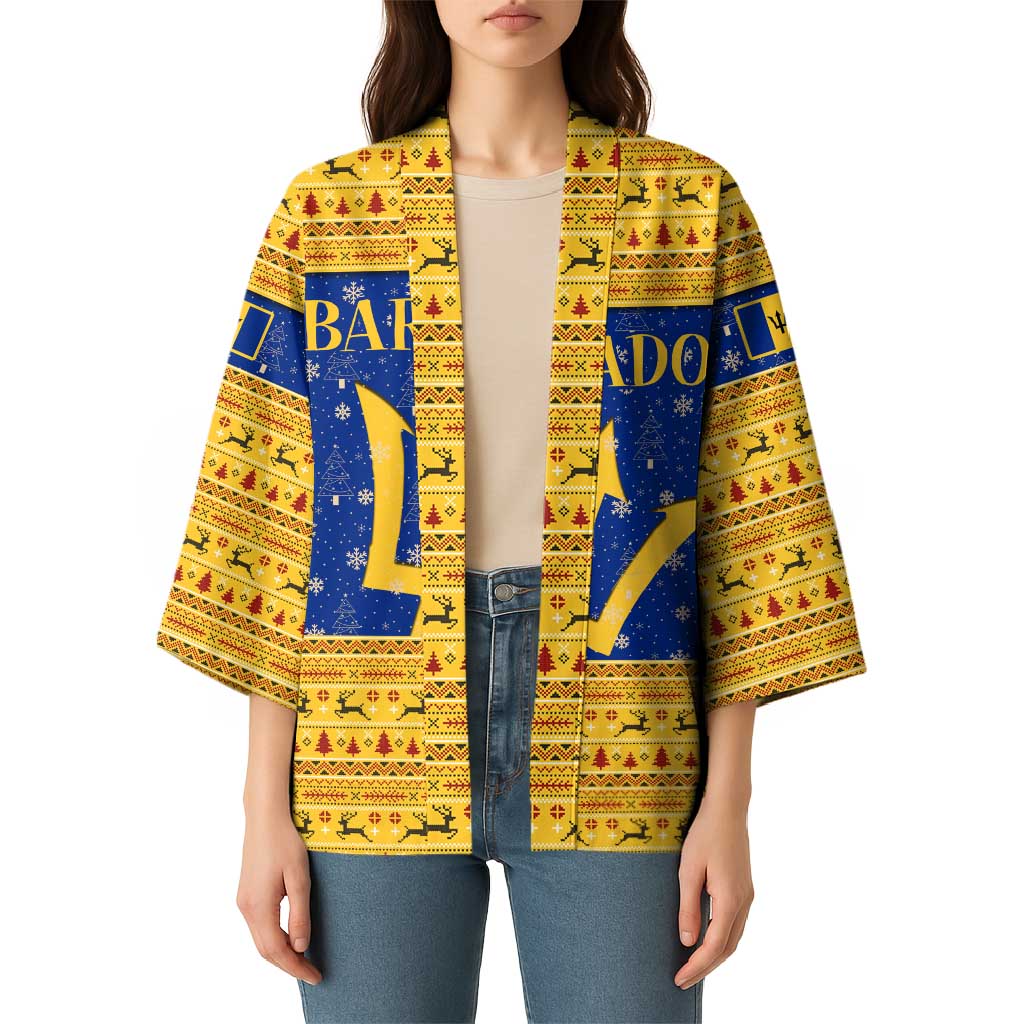 Barbados Christmas Kimono with Blue Yellow Xmas Trident Santa and Reindeer - Wonder Print Shop