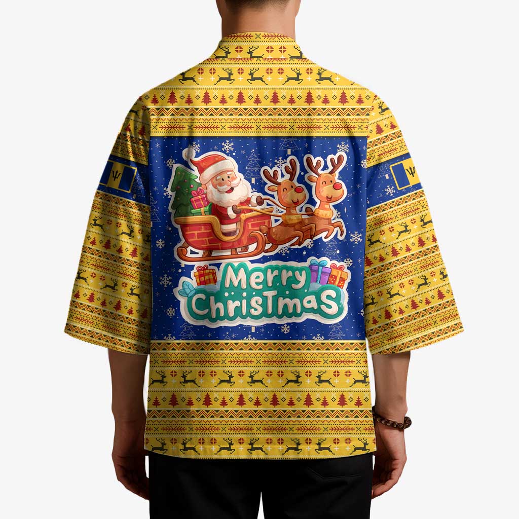 Barbados Christmas Kimono with Blue Yellow Xmas Trident Santa and Reindeer - Wonder Print Shop