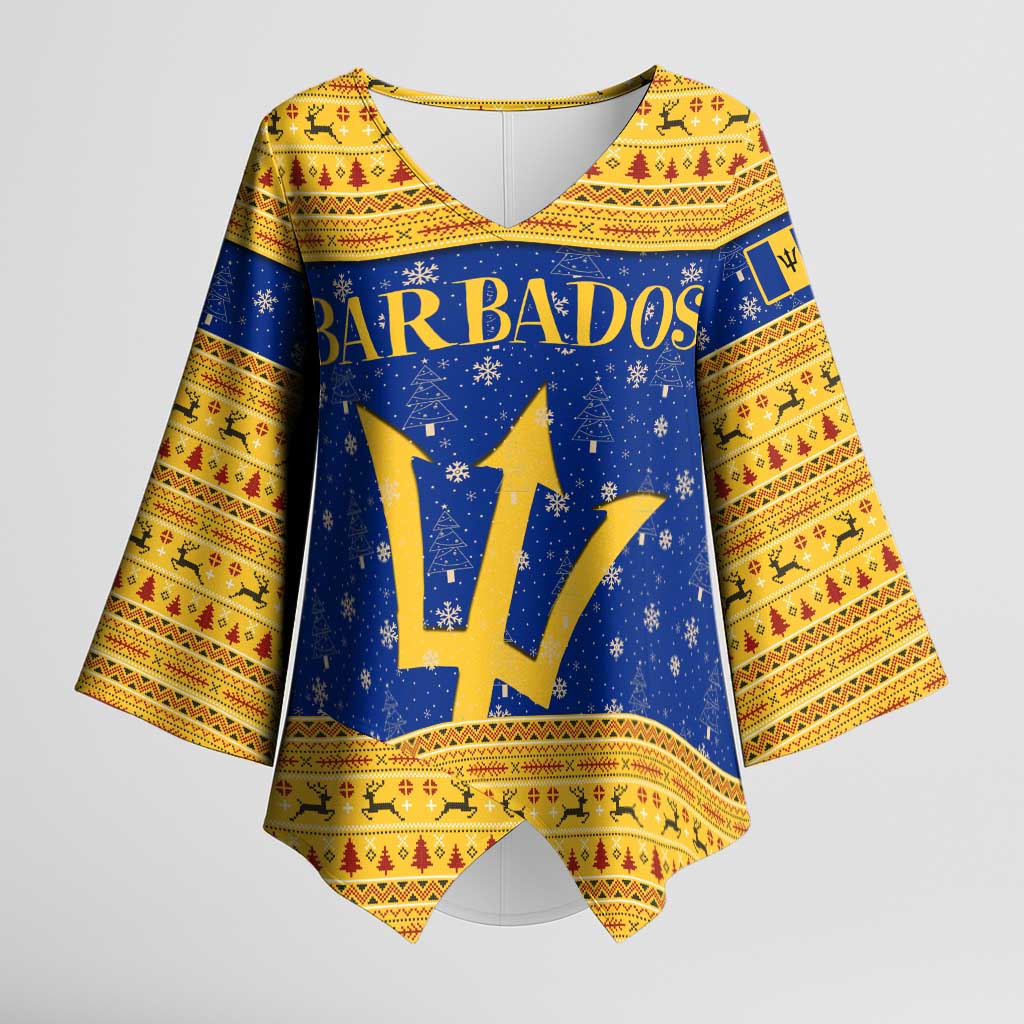 Barbados Christmas Kimono Sleeve Blouse with Blue Yellow Xmas Trident Santa and Reindeer - Wonder Print Shop