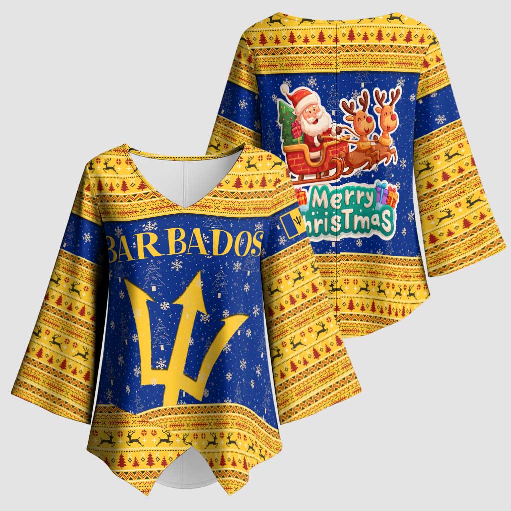 Barbados Christmas Kimono Sleeve Blouse with Blue Yellow Xmas Trident Santa and Reindeer - Wonder Print Shop