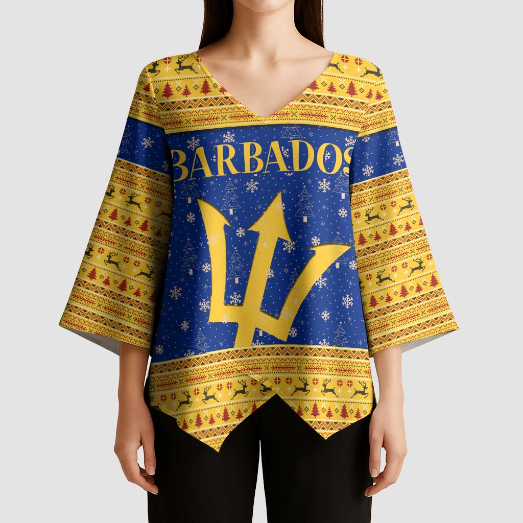 Barbados Christmas Kimono Sleeve Blouse with Blue Yellow Xmas Trident Santa and Reindeer - Wonder Print Shop