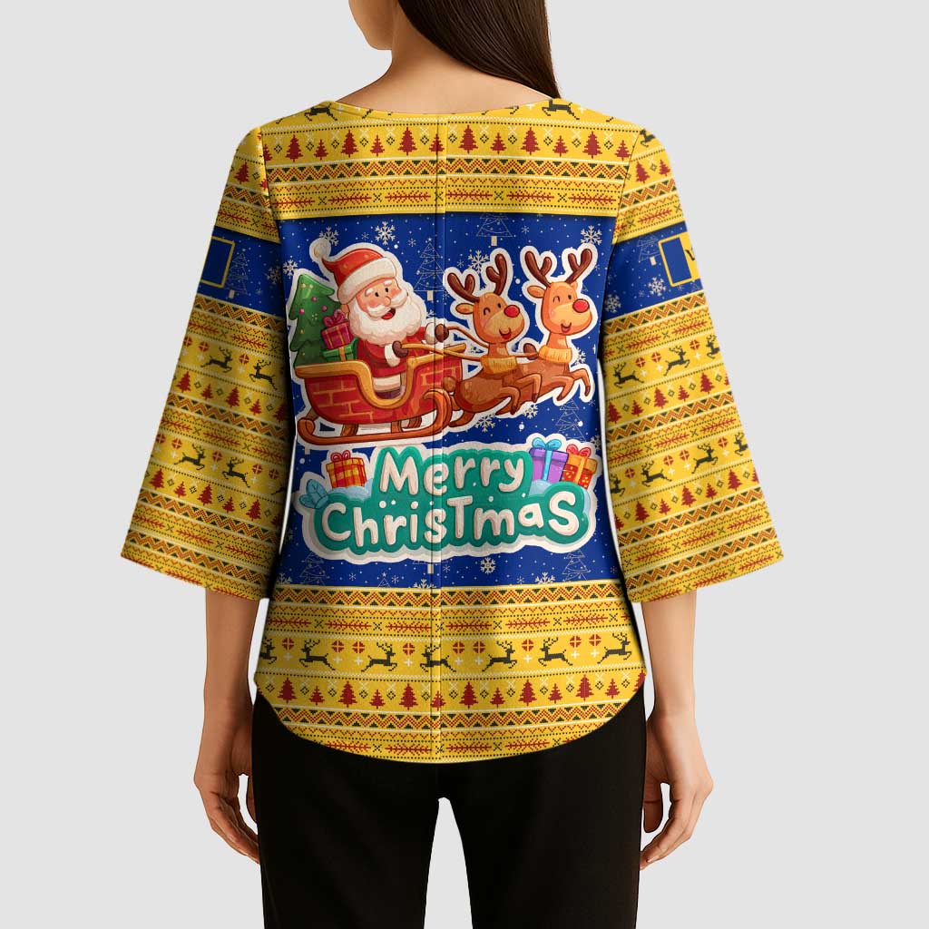 Barbados Christmas Kimono Sleeve Blouse with Blue Yellow Xmas Trident Santa and Reindeer - Wonder Print Shop