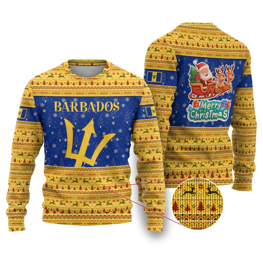 Barbados Christmas Ugly Christmas Sweater with Blue Yellow Xmas Trident Santa and Reindeer - Wonder Print Shop