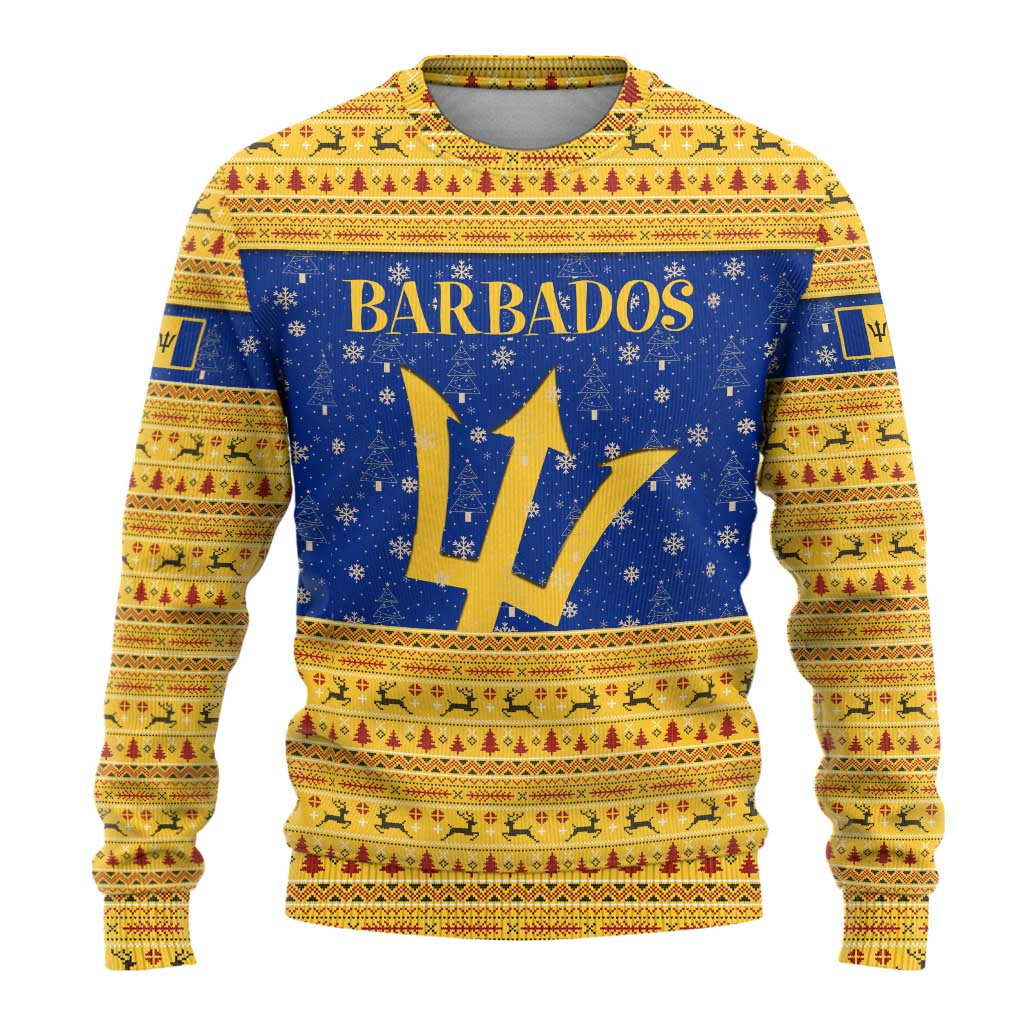 Barbados Christmas Ugly Christmas Sweater with Blue Yellow Xmas Trident Santa and Reindeer - Wonder Print Shop