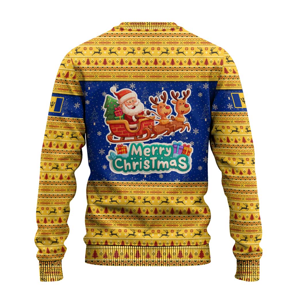 Barbados Christmas Ugly Christmas Sweater with Blue Yellow Xmas Trident Santa and Reindeer - Wonder Print Shop