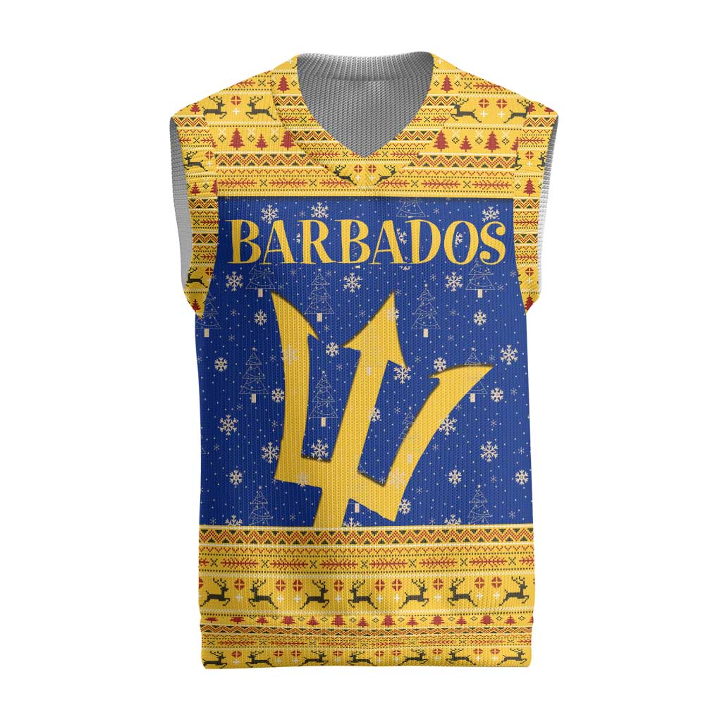 Barbados Christmas Knitted V-Neck Vest with Blue Yellow Xmas Trident Santa and Reindeer - Wonder Print Shop