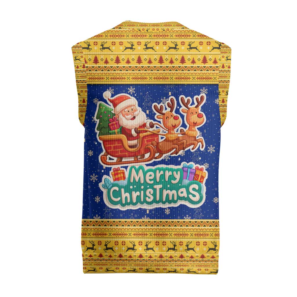 Barbados Christmas Knitted V-Neck Vest with Blue Yellow Xmas Trident Santa and Reindeer - Wonder Print Shop