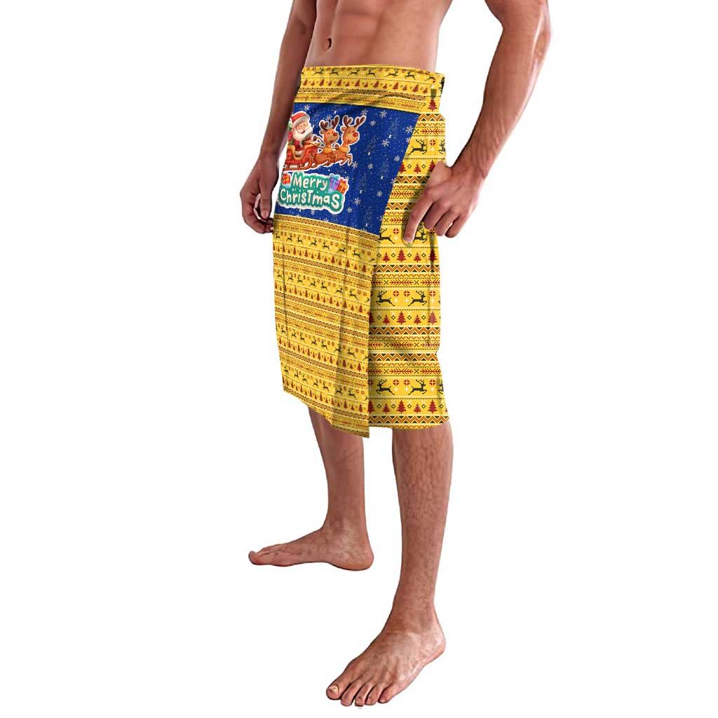 Barbados Christmas Lavalava with Blue Yellow Xmas Trident Santa and Reindeer - Wonder Print Shop