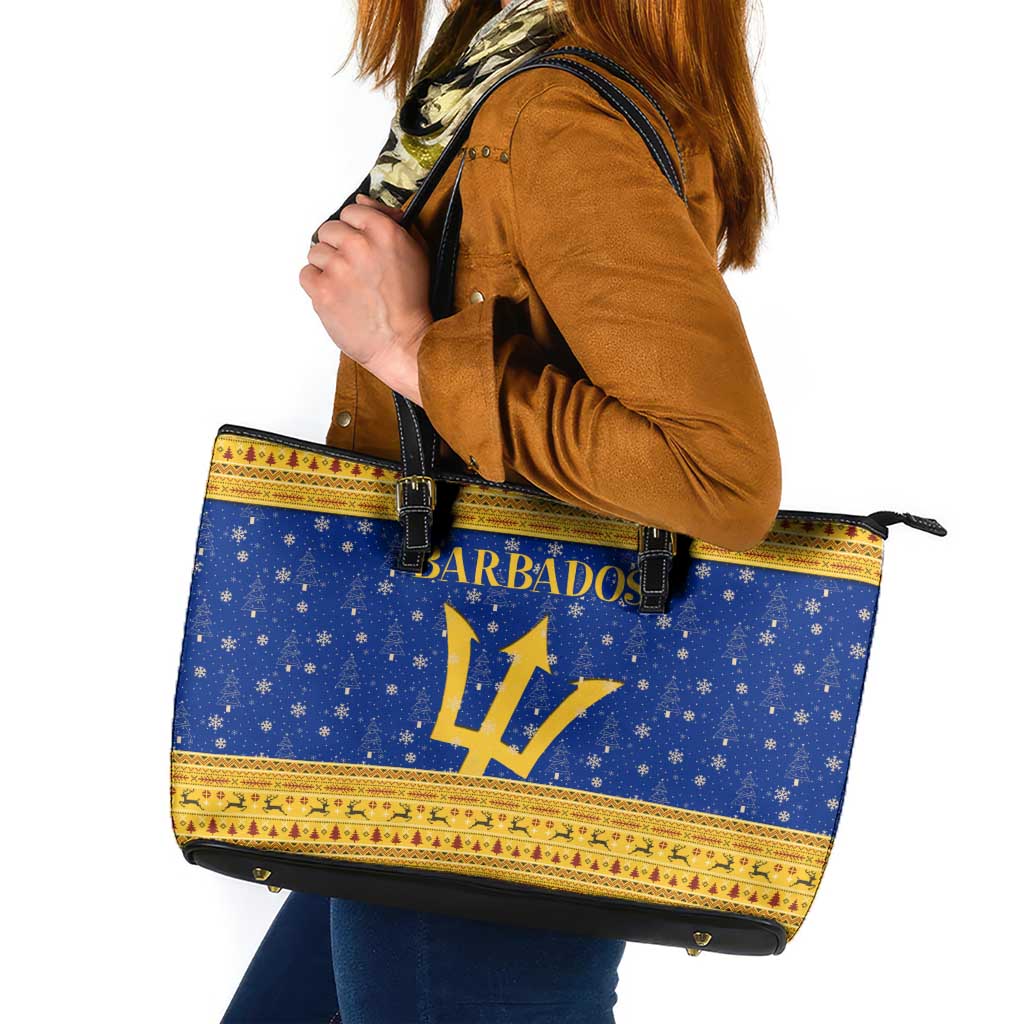 Barbados Christmas Leather Tote Bag with Blue Yellow Xmas Trident Santa and Reindeer - Wonder Print Shop
