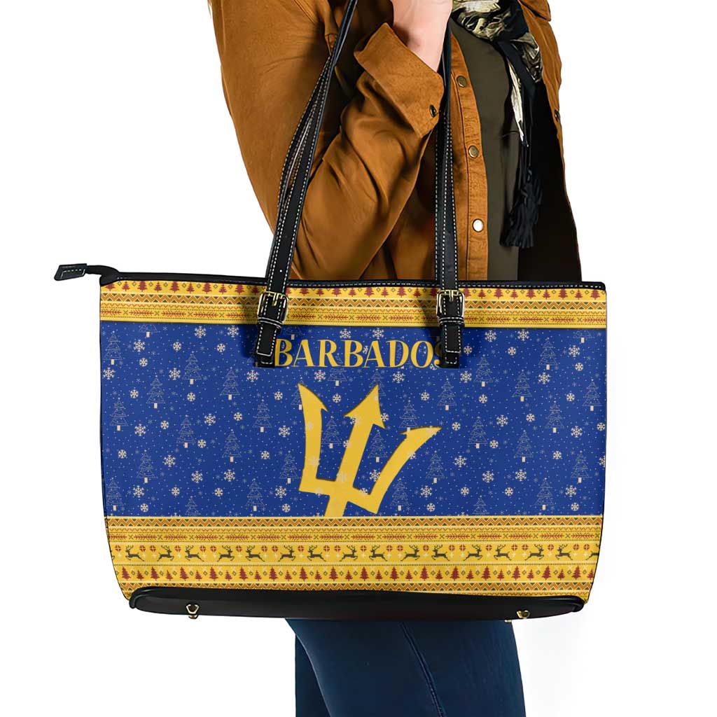 Barbados Christmas Leather Tote Bag with Blue Yellow Xmas Trident Santa and Reindeer - Wonder Print Shop
