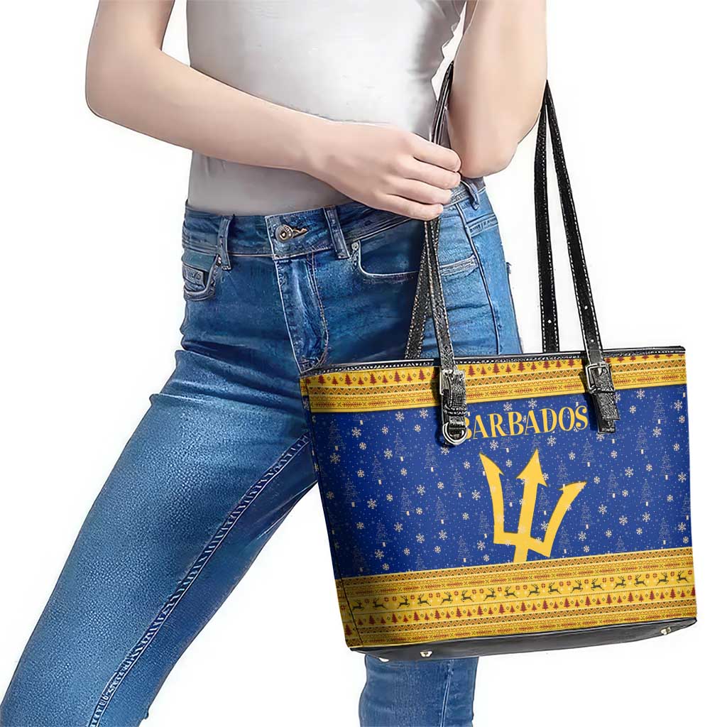 Barbados Christmas Leather Tote Bag with Blue Yellow Xmas Trident Santa and Reindeer - Wonder Print Shop