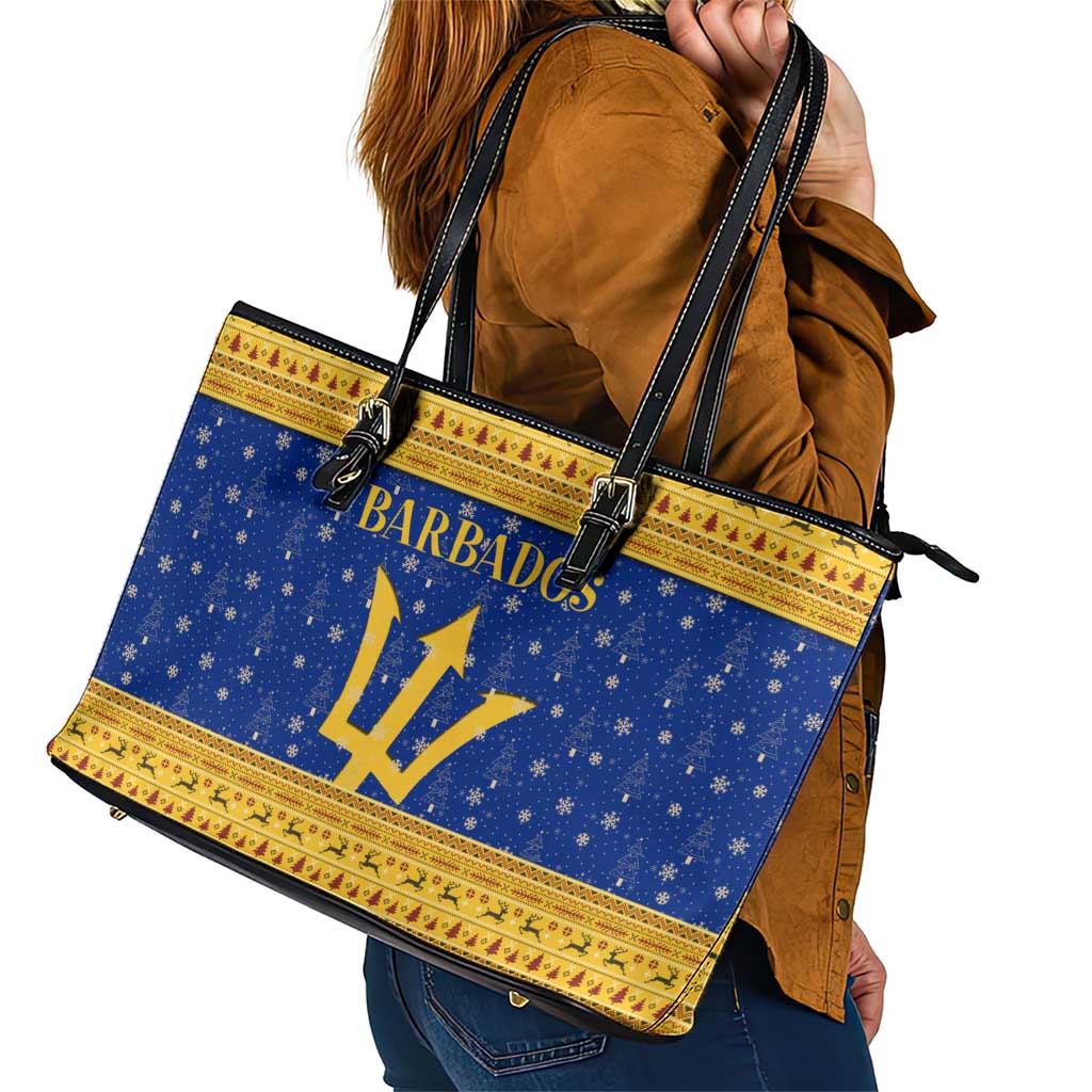 Barbados Christmas Leather Tote Bag with Blue Yellow Xmas Trident Santa and Reindeer - Wonder Print Shop