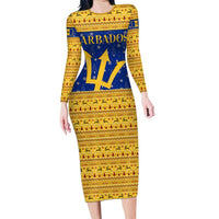 Barbados Christmas Long Sleeve Bodycon Dress with Blue Yellow Xmas Trident Santa and Reindeer - Wonder Print Shop