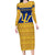 Barbados Christmas Long Sleeve Bodycon Dress with Blue Yellow Xmas Trident Santa and Reindeer - Wonder Print Shop