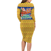 Barbados Christmas Long Sleeve Bodycon Dress with Blue Yellow Xmas Trident Santa and Reindeer - Wonder Print Shop