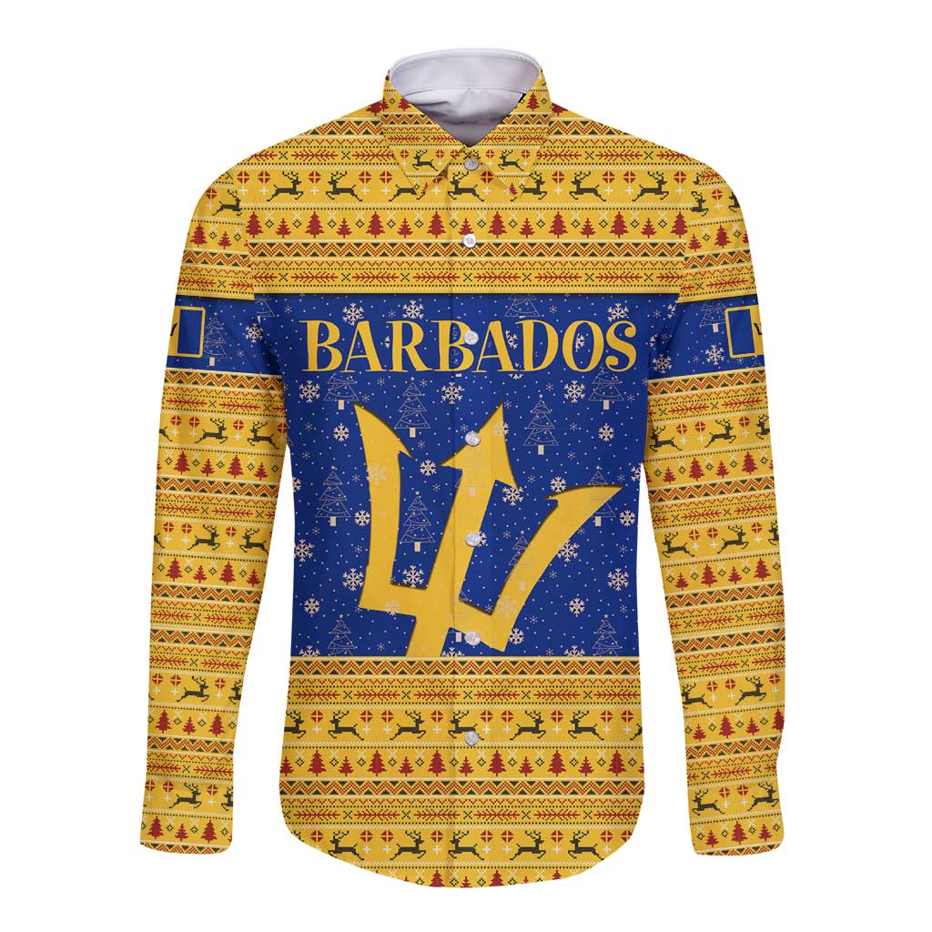 Barbados Christmas Long Sleeve Button Shirt with Blue Yellow Xmas Trident Santa and Reindeer - Wonder Print Shop