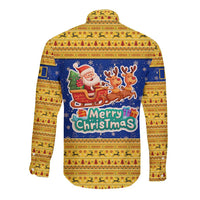 Barbados Christmas Long Sleeve Button Shirt with Blue Yellow Xmas Trident Santa and Reindeer - Wonder Print Shop