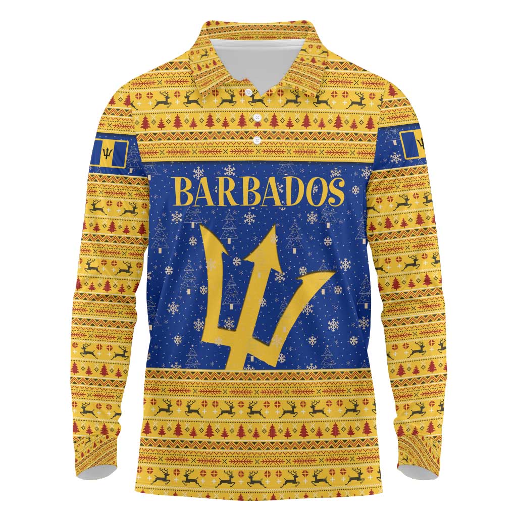 Barbados Christmas Long Sleeve Polo Shirt with Blue Yellow Xmas Trident Santa and Reindeer - Wonder Print Shop