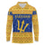 Barbados Christmas Long Sleeve Polo Shirt with Blue Yellow Xmas Trident Santa and Reindeer - Wonder Print Shop